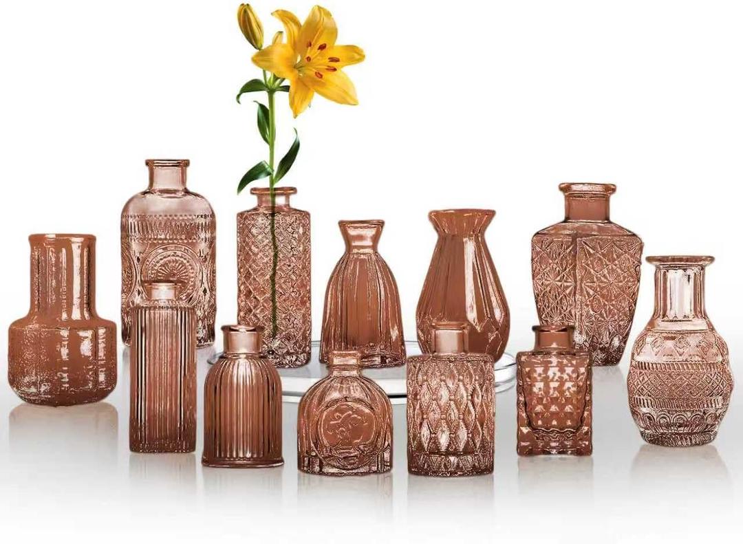 KUAGUINZUHE 12 Pcs Glass Bud Vase Set, Small Amber Vintage Flower Vases for Wedding Centerpieces in Bulk, Mini Embossed Vases for Home Table Decor, Party, Baby Shower Decorations