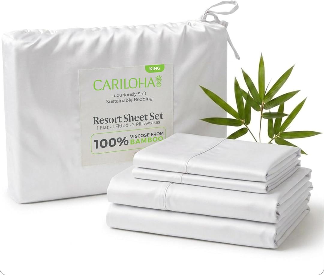 Cariloha Resort 100% Organic Bamboo Viscose Sheets - 4-Piece King Sheet Set - 18 in Extra Deep Pockets - Sateen Weave, Cooling, Hypoallergenic Luxury Sheets - Oeko-TEX Standard 100 - White