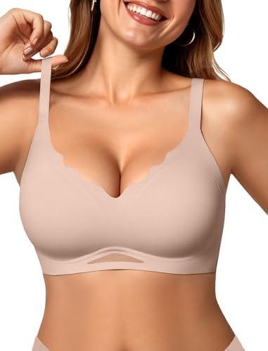 OEAK Womens Wireless Bras Scalloped Push Up Bralettes No Underwire Supportive Tshirt Bra Seamless Comfortable Everyday Bras L