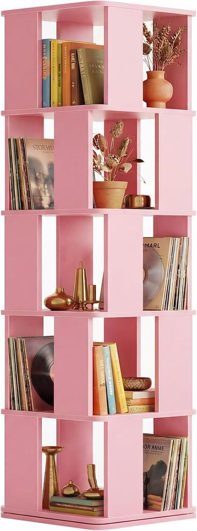 5-Tier Rotating Bookshelf Tower, 360° Square Spinning Book Shelf, 15.6"D x 15.6"W x 62.6"H