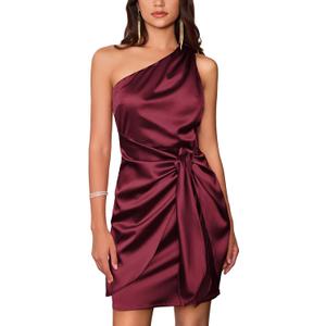 GRACE KARIN Sleeveless Dresses for Women 2024 Graduation One Shoulder Mini Satin Dresses Club Party Dress (Dark Red, 8)