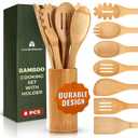 Bamboo Utensils 7 PCs with Holder  Bamboo Cooking Utensils Set + Holder for Nonstick  Wooden Spoon Sets for Cooking  Easy to Clean, Sturdy, Lightweight & Heat Resistant
