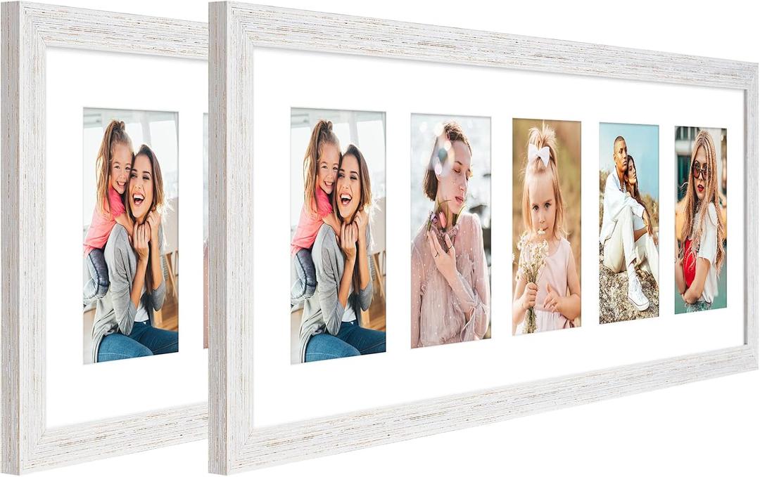 8x24 Collage Frame with 5 Openings 4X6 Pictures, Multiple Picture Frame with Mat, Wall or Tabletop Decor, White Wood Grain,2 Pack