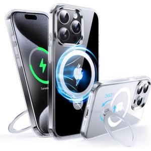 360Rotatable Magnetic Ring for iPhone 15 Pro Max Case with MagSafe[Non-Slip Texture Edge][Built-in Kickstand][Military Shockproof][Anti-Yellowing] Transparent Soft Silicone Bumper Slim,Clear