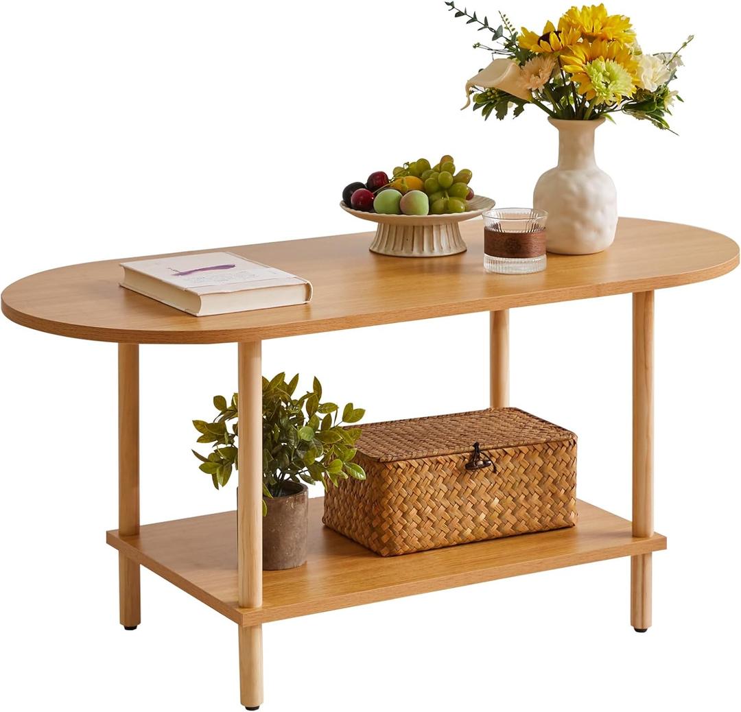 Wooden Tea Table Small Coffee Table, 2 Tier Coffee Table for Living Room, 35x16x17inch TV Table Stand with Storage Shelf Natural Wood Color YD-012N