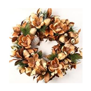 BINFEN 24" Winter Wreaths for Front Door, Gold-Brown Leaves Balls Pears Magnolia Flowers Christmas Wreath, Door Reef for Windows Fireplaces Walls, Front Porch Indoor and Outdoor Decor