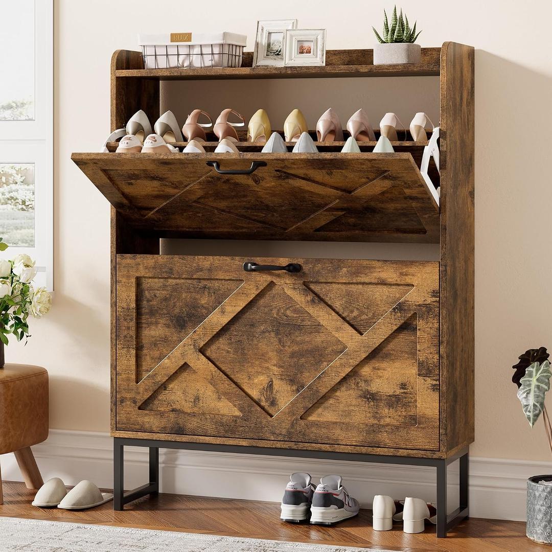 Nicetree Shoe Cabinet Organizer with 2 Flip Drawers, Freestanding Narrow Rack with Metal Legs, Farmhouse Slim Shoe Storage for Entryway, Foyer, Hallway, Rustic Brown