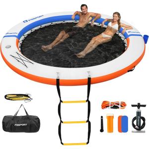 FBSPORT Inflatable Dock Floating Platform, Inflatable Water Hammock Floating Deck for Lake W/Cupholder, Round Floating Ring Sunchill Float Ring, Pool Float Raft Lounger Island Platform Pad (Blue Orange)