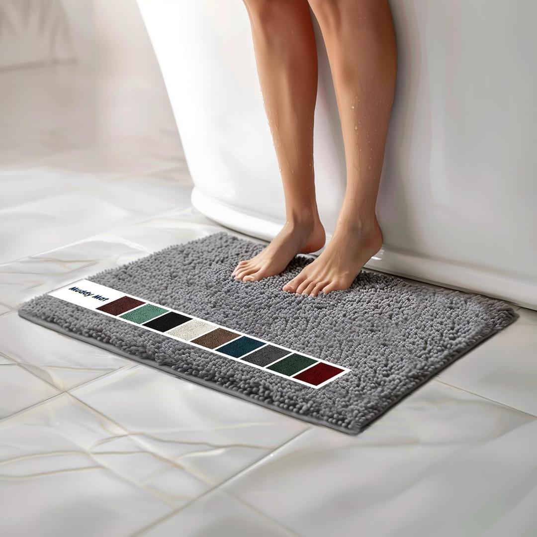 Muddy Mat Chenille Bathroom Rugs Quick Dry Microfiber Mats Non Slip Washable, Extra Thick, Soft and Highly Absorbent Bath Mats for Bathroom, Kitchen, and Shower Floor - Grey Small 28"X18"