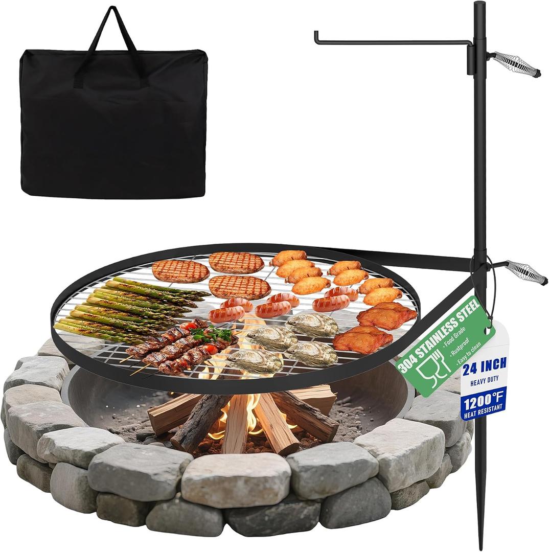 Toriexon 24" Fire Pit Grill w/304 Stainless Steel Grate, Portable Carry Bag