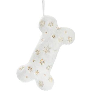 Senneny Snowy White Plush Pet Dog Christmas Stocking, Golden Snowflake Sequin Dog Christmas Stockings Large Bone Shape Faux Fur, Hanging Christmas Holiday Season Party Decor for Pets Dogs