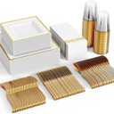 FOCUSLINE 350 Ct Disposable Dinnerware Set for 50 Guests -Heavy Duty Square Plastic Plates with Gold Rim, Includes 50 Dinner & Salad Plates, Cups, Napkins, Cutlery Set