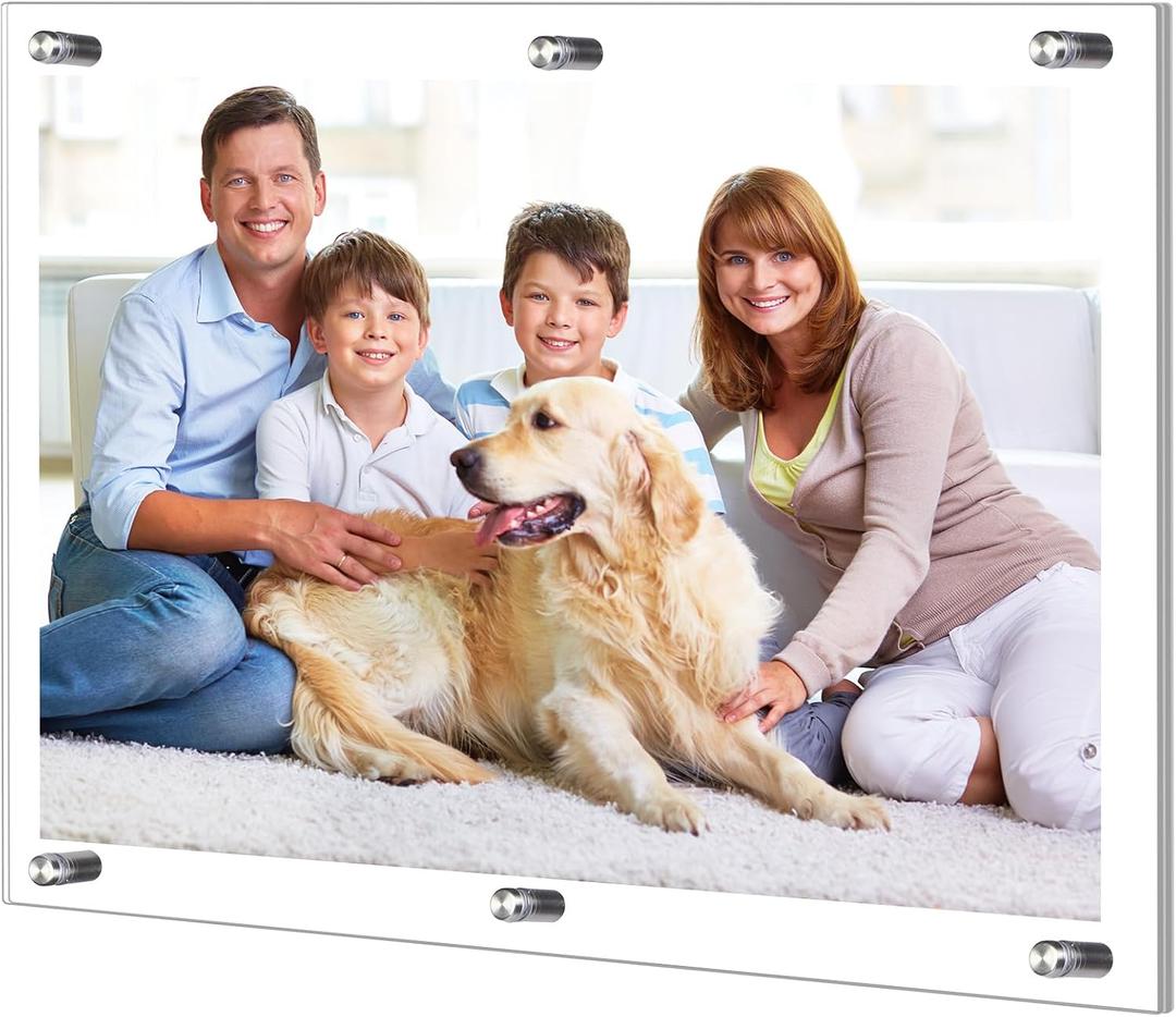 1 Pack Extra Large Frameless Floating Acrylic Frame Wall Mount Magnetic Acrylic Picture Frames with Chrome Standoffs Double Panel Floating Frame for Photo Poster Display (24 x 36 Inch)