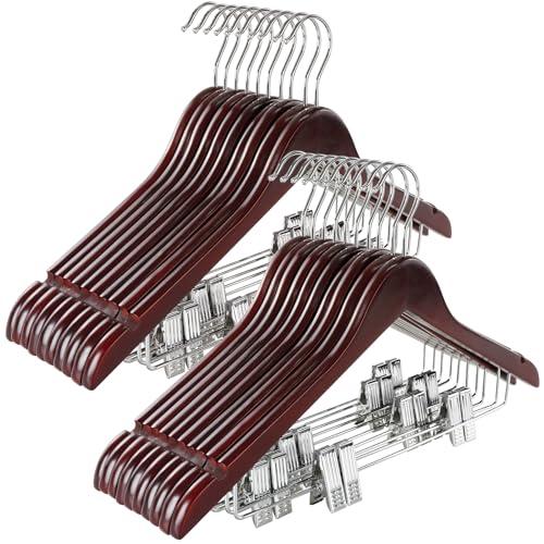 TOPIA HANGER Wooden Suit Hangers with Adjustable Metal Clips (20 Pack), Solid Wood Clothes Hangers, 360° Swivel Hook, Premium Retro Finish Pants Hangers for Clothes Coat, Jeans, Blouse- Cherry CT28M20