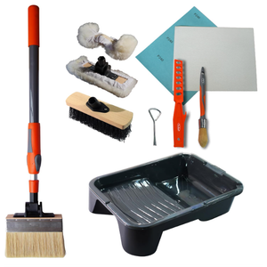 PinStone 13pcs Deck Stain Brush Kit - 7" Adjustable Deck Stain Brush, 9" Lambskin Applicator with Refill Pads, 9" Scrub Brush, 10" Paint Tray, 2-3ft Extension Pole for Staining Wood, Masonry, Floors