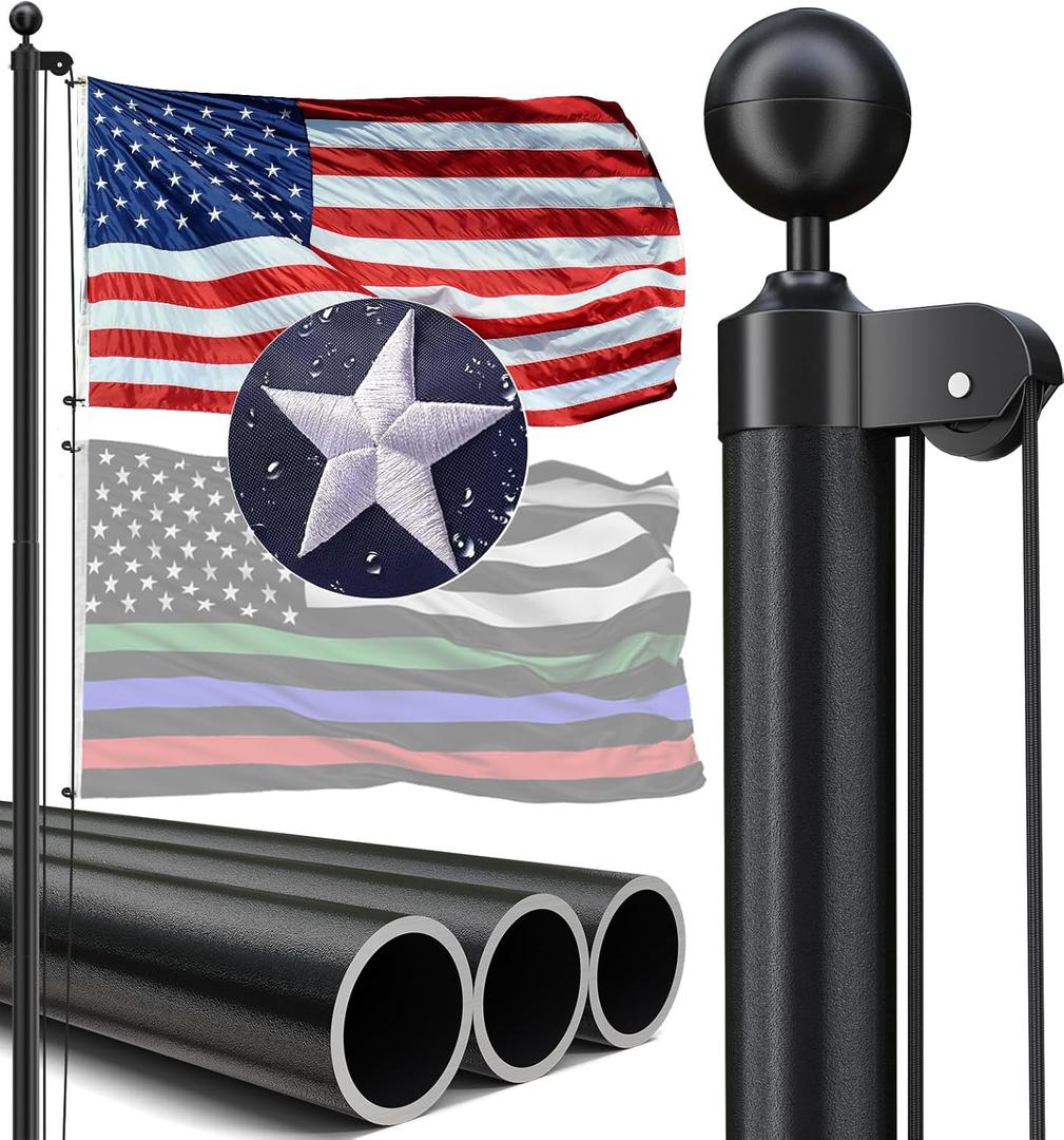20FT Heavy Duty Flag Pole, 12-Gauge Aluminum, 100MPH Wind Tested | Extra Thick Residential & Commercial Flagpole Kit for Outside House  Includes USA Flag & All Hardware to Fly Two Flags (Black)