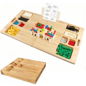 Building Tray Board for Lego, 41" x 21" Large-Area Building Baseplate Table, Natural Solid Wood, Foldable Building Table for Adults & 3+ Children, Multi-Activity Baseplate Board