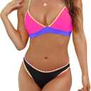 HXN Womens Two Piece Bikini Sets 2025 Neon Color Block Sexy Tummy Control Swimsuit Triangle Bathing Suit for Beach Vacation (Small, Rose Red&black)