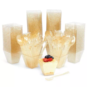 Blue Panda 200-Pack Gold Glitter Square Dessert Cups with Spoons, 100 Disposable Mini Dessert Shooter Cups with 100 Spoons for Appetizers, 2 oz