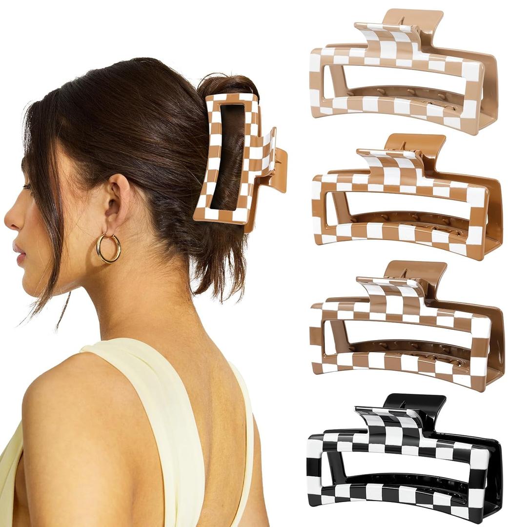 4 PCS 5 Inch Checkered Hair Claw Clips for Women - Square Checker Extra Large Claw Clips, Rectangle Durable Claw Clips for Thick Long Curly Hair, Hair Accessories for Daily, Dating, Work & Travel (1 Count (Pack of 4))