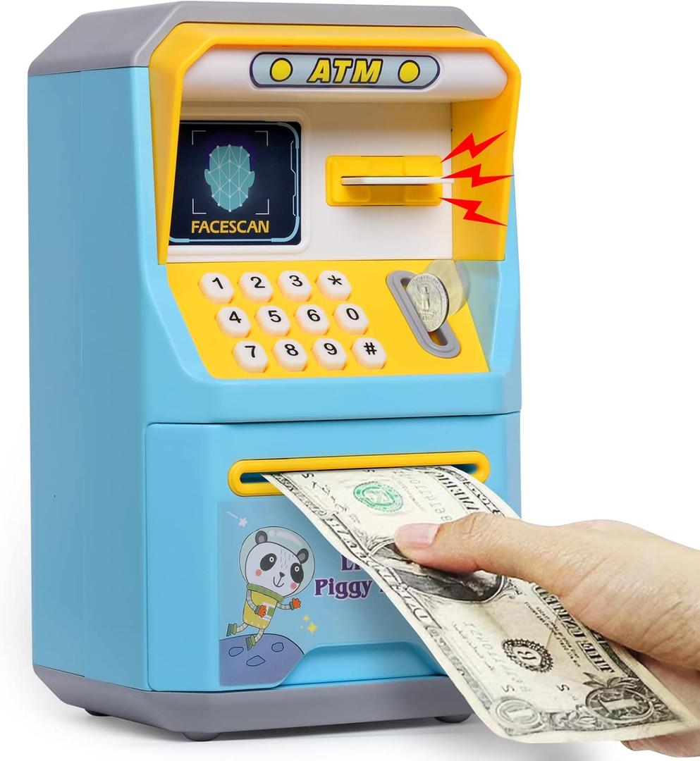 Piggy Bank for Kids, ATM Coin Bank Toys Gifts, Electronic Piggy Banks Money Safe for Kids Toys Ages 3 4 5 6 7 8 9 10 11 12 Year Old Boys Birthday Gifts, Blue