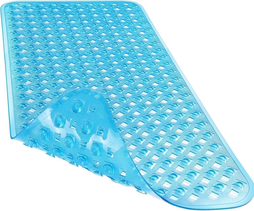 Yimobra Non Slip Bath Mat, Super Strong Suction Cups,34.5"x15.5"Long Tub Mat with Drain Holes, Machine Washable Fast Draining Shower Mats, Bathroom Essentials, Clear Blue