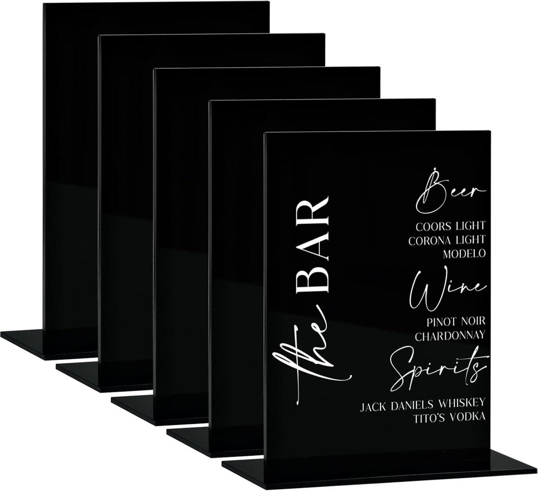 8x10 Inch Black Acrylic Sign with Stand | 5 Pack Blank Acrylic Table Signs and Base for DIY Wedding Table Numbers, Wedding Signage, Events& Parties (Black, 8x10 Inch)
