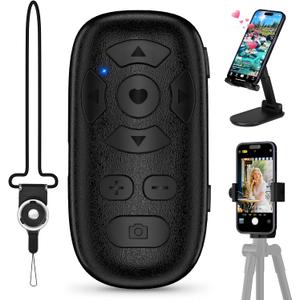 Wireless Camera Remote Control for iPhone & Android, TikTok Scrolling Remote with Phone Holder and Tripod Mount Adapter, Bluetooth Photo and Video Clicker with Front/Rear Camera Switch Neck Strap (Black)