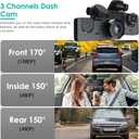 3 Channel Dash Cam Front and Rear - 1080P Dash Cam Front and Inside with Night Vision, Motion Detection, Parking Monitor - Includes 32GB MMC Card for G-Sensor Protection and Loop Recording