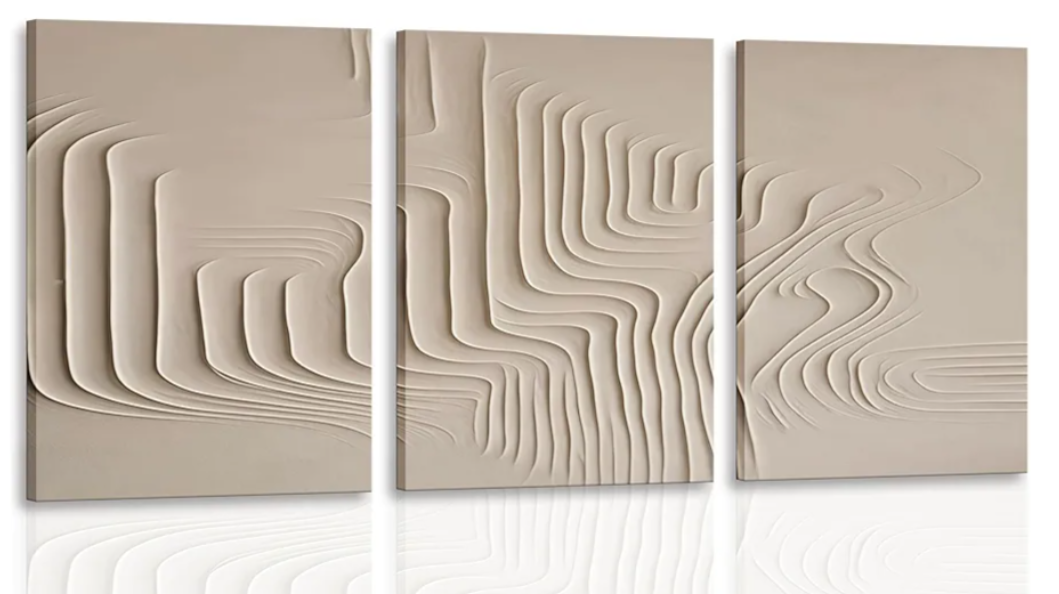 3Pcs Framed Beige Cream Abstract Textured Line Art Curved Canvas Wall Art Prints Posters Pictures Paintings Wall Decor for Minimalist Boho Living Room Bedroom Office Decoration