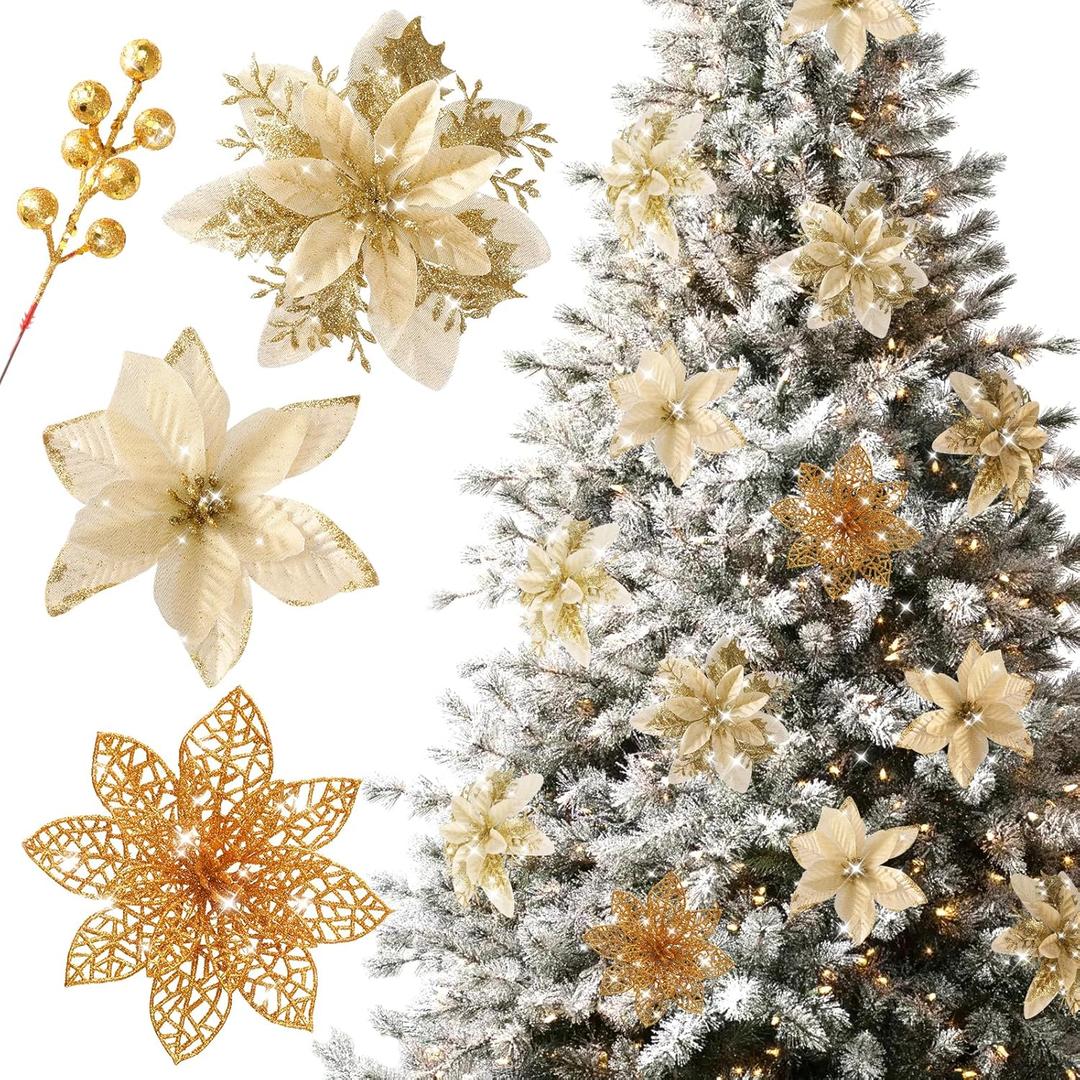 Floweroyal 30 pcs Poinsettia Artificial Christmas Flowers Decorations with Clips and Berry Stems Glitter Ornaments for Christmas Tree Wreath Fireplace Stairs Decor (Gold-3 Styles)