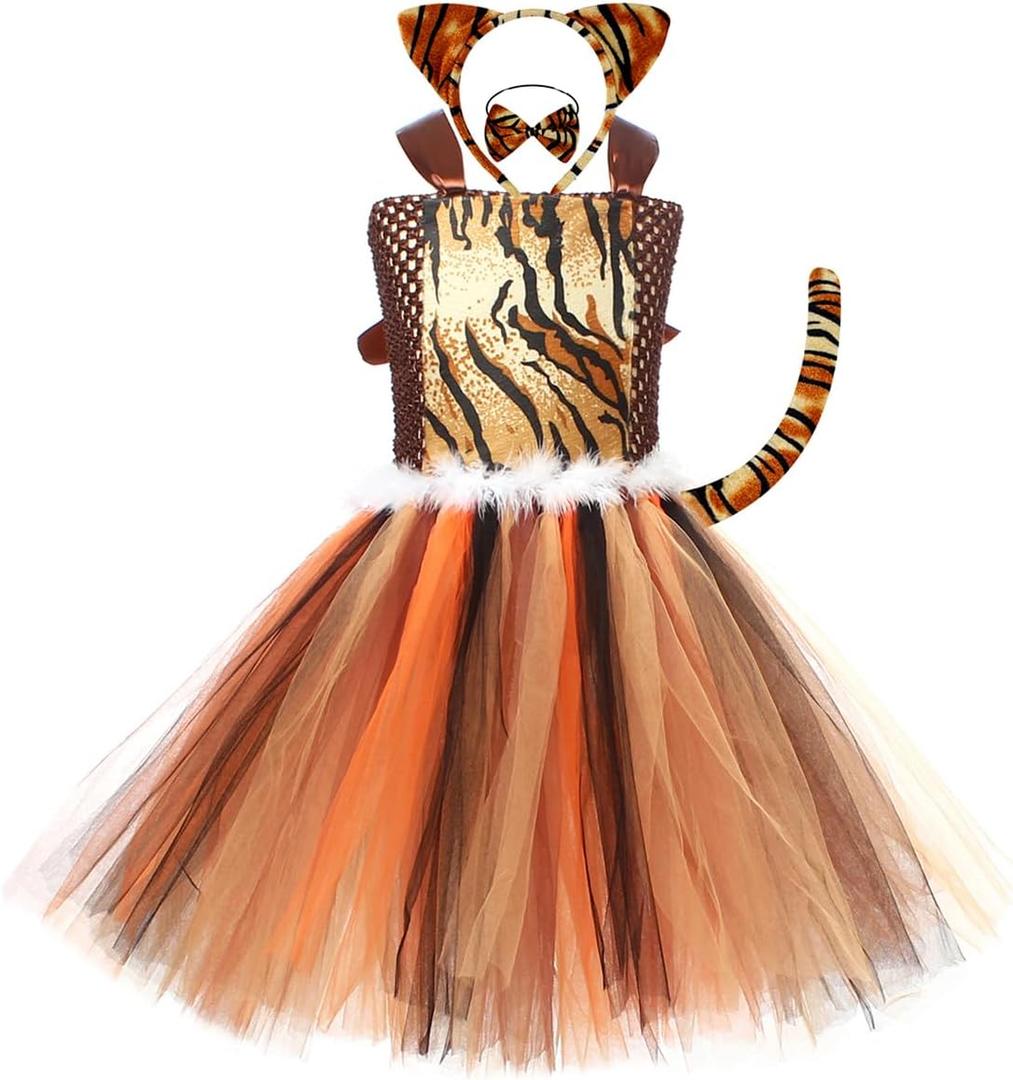 3PCS Kids Girls Jungle Animals Costume Party Dress up Ears Headband Tail Set Halloween Cosplay Birthday Sets (L(6-7Y), Tiger)