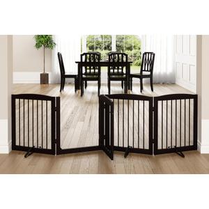 PUPETPO Freestanding Dog Gate with Door, Pet Gate for Stairs, 80 inch Wide Pet Barrier Indoor, Dog Fences Indoor, Support Feet Included, 4 Panels, 24" Tall, Dark Brown