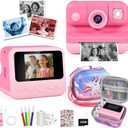 Kids Instant Print Camera with Carrying Bag, 1080P HD Girl Camera with 4 Print Paper Rolls, Color Pens & 32GB Card, Christmas Birthday Gifts Kids Girl Toys for 3-12 Years Old (Pink)