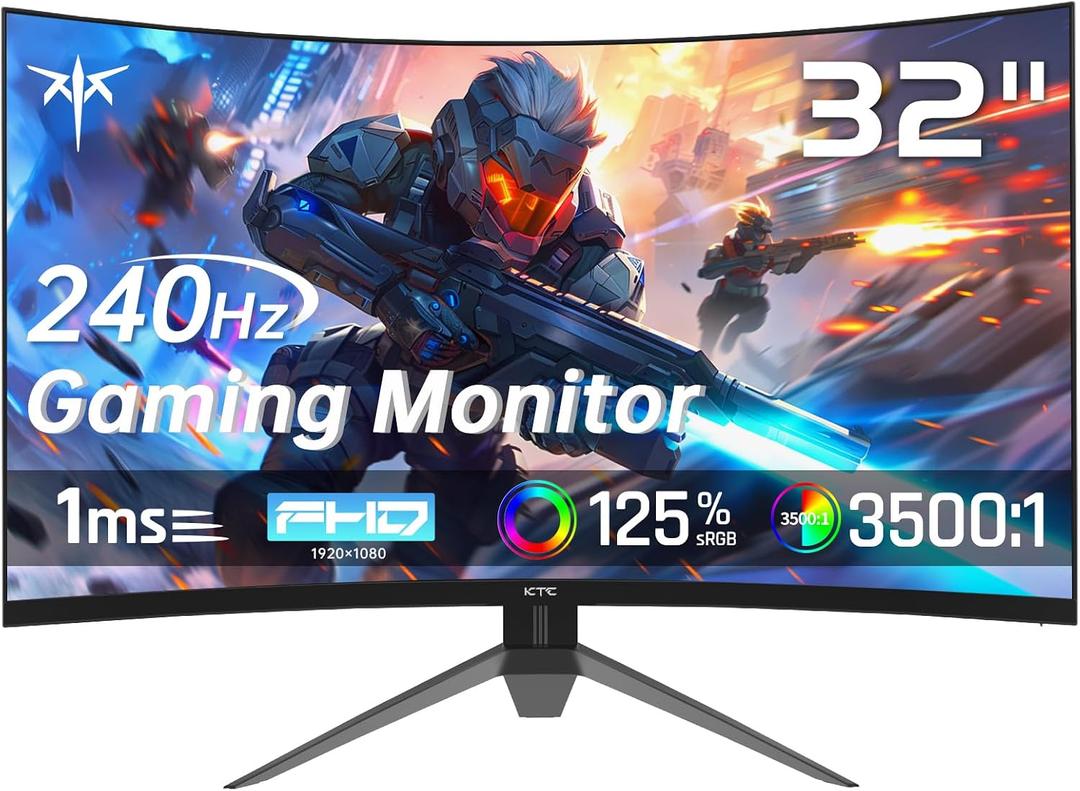 KTC 32 Inch 240Hz Curved Gaming Monitor, FHD 1080P 1500R HDR Gaming PC Monitor, FreeSync, Ultra-Fast 1ms Monitor for Gamer, 3500:1 Contrast, HDMI 2.0 x 2, DisplayPort 1.4 & USB 2.0, H32S17F, Black, FHD Curved 240Hz