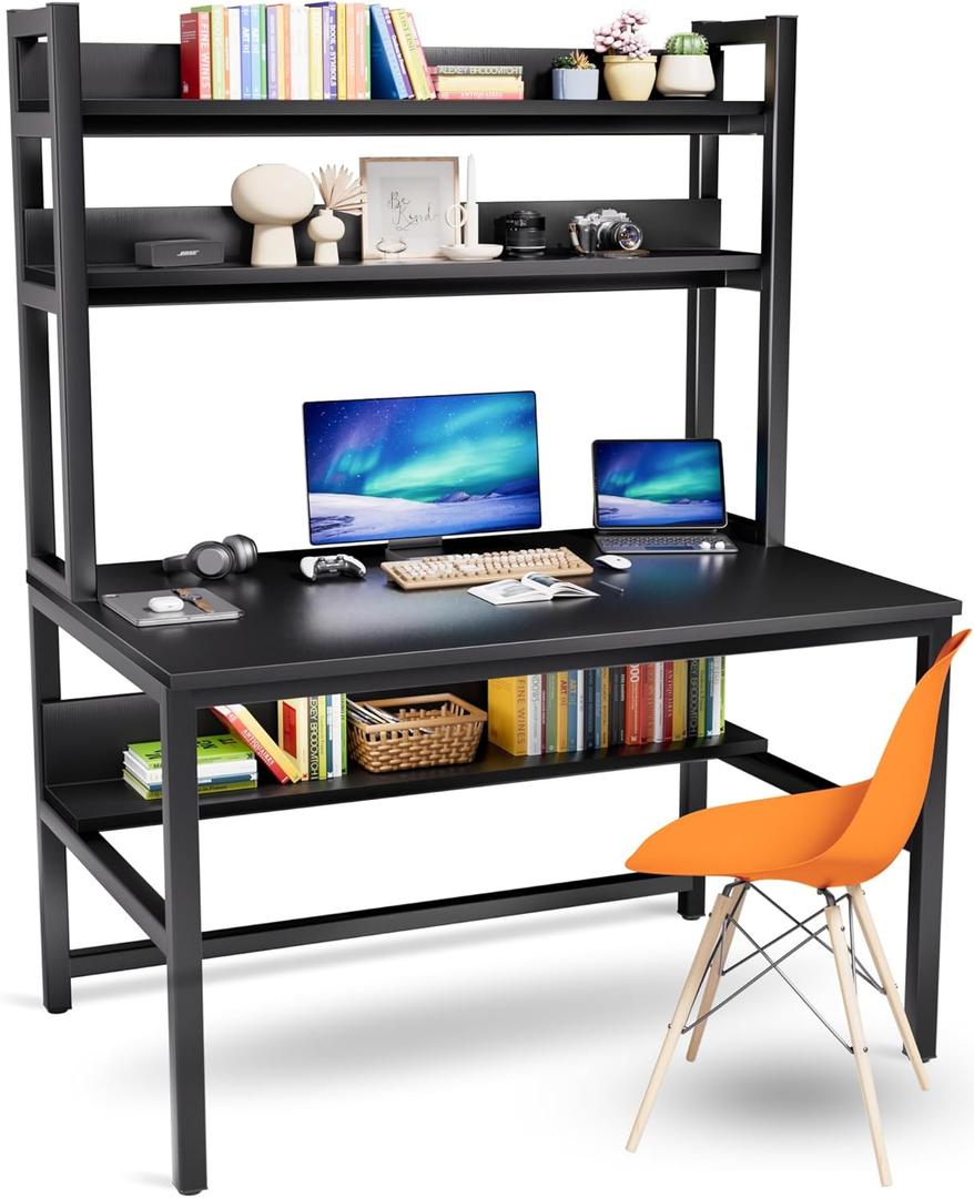 Aquzee Computer Desk with Hutch and Bookshelves, Large Leg Room 47 inch Width Black Desk with Space Saving Storage Shelves for Home Office, Study, Work, Easy Assemble