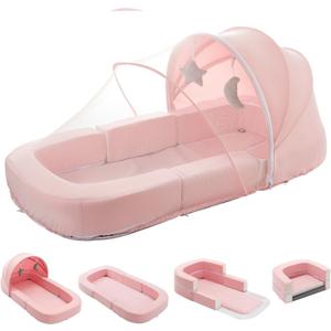 Toddler Baby Travel Bassinet Bed & Chair, Fold Out Sofa Couch Lounger with 2-1 Mosquito & Canopy, Foldable Portable Travel Cot with Foam Raised Safety Bumpers for Infant Toddlers 0-36 Months (Pink)