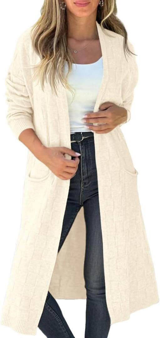 Saodimallsu Womens Long Cardigan Sweaters 2025 Oversized Open Front Checkerked Sweater Trendy Knit Jacket with Pockets (Beige, L)
