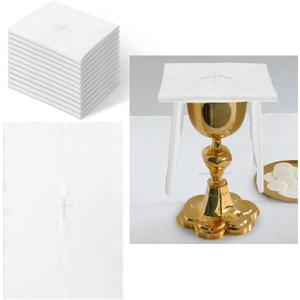 12 Pack of Embroidered Cotton and Linen Purificator with Silver Cross Center Embroidered Purificators for Catholic Mass Church Altar Cotton and Linen Towel Catholic Communion Supplies, 12 x 18 Inch