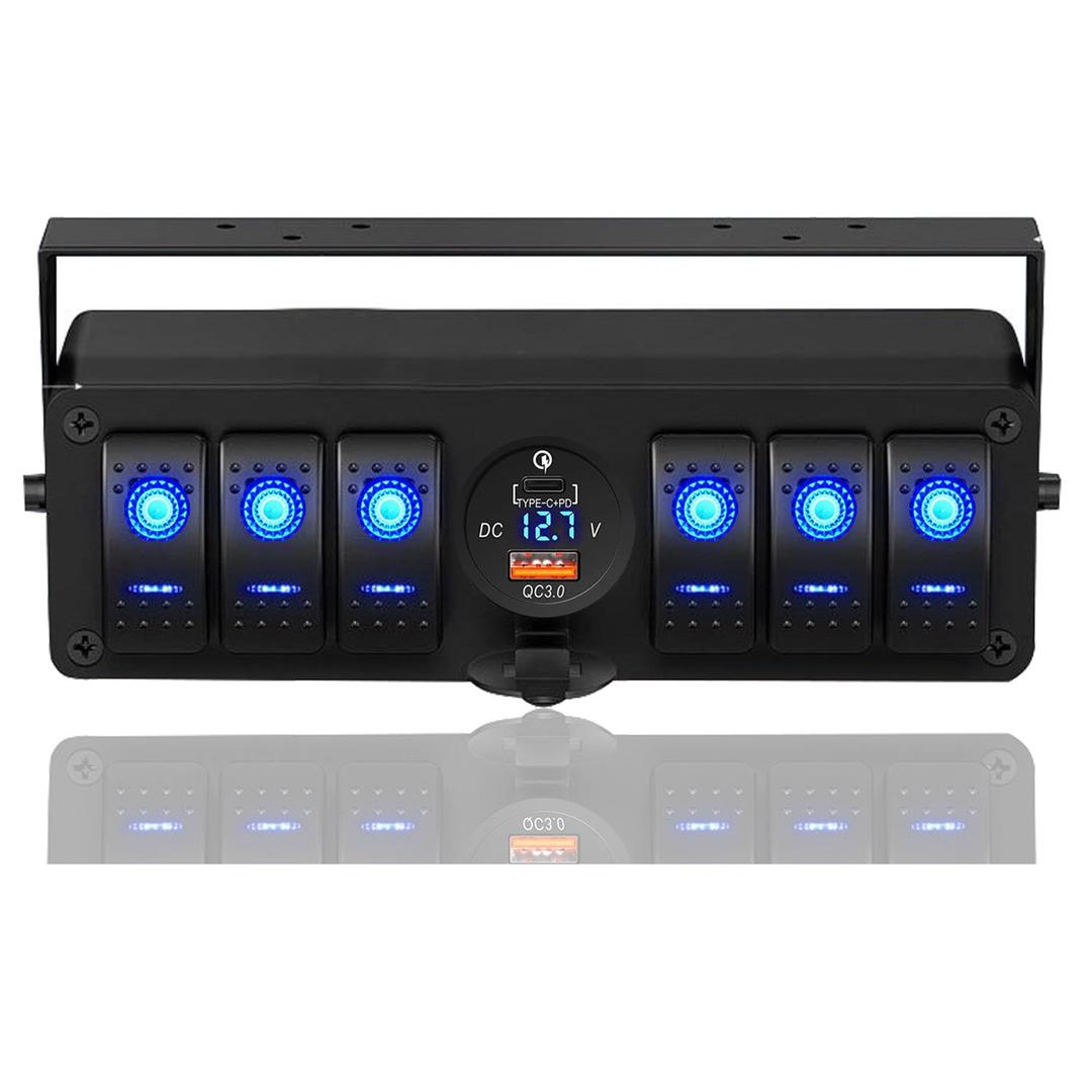 6 Gang Rocker Switch Box with 12V SPST ON Off Switch, PD Type C and QC 3.0 USB Charger, Voltmeter for Boats, Cars, RVs, Trucks