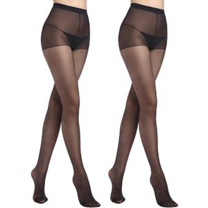 2 Pack Sheer Tights for Women, Control Top Pantyhose, 15 Denier, run resistant black sheer tights reinforced toe (Large)