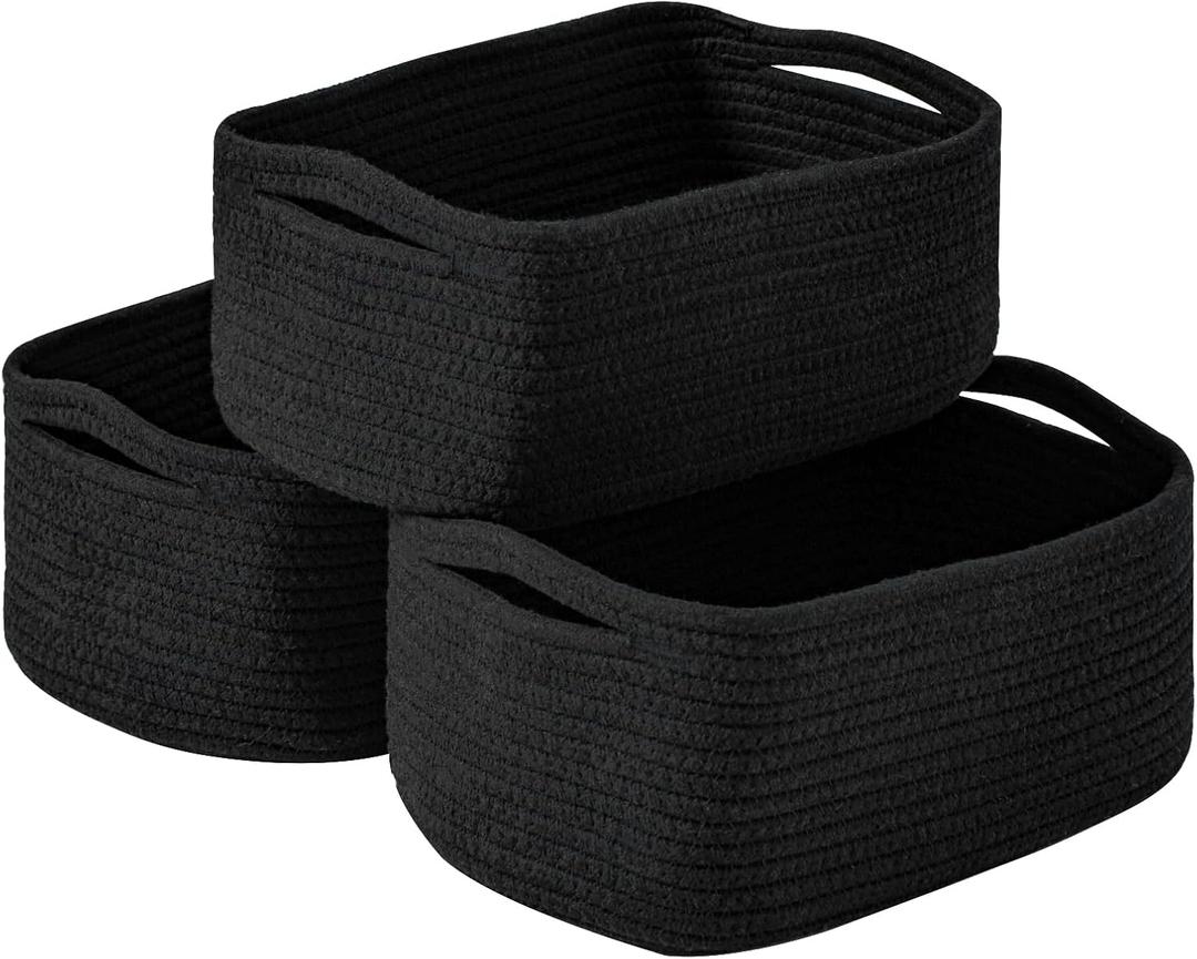 ICERZCZ Small Black Baskets for Organizing, Storage Baskets for Shelves, Small Woven Cotton Rope Basket for Storage, Basket for Gifts Empty, 13"8.5"5.1" (3 Packs) Black