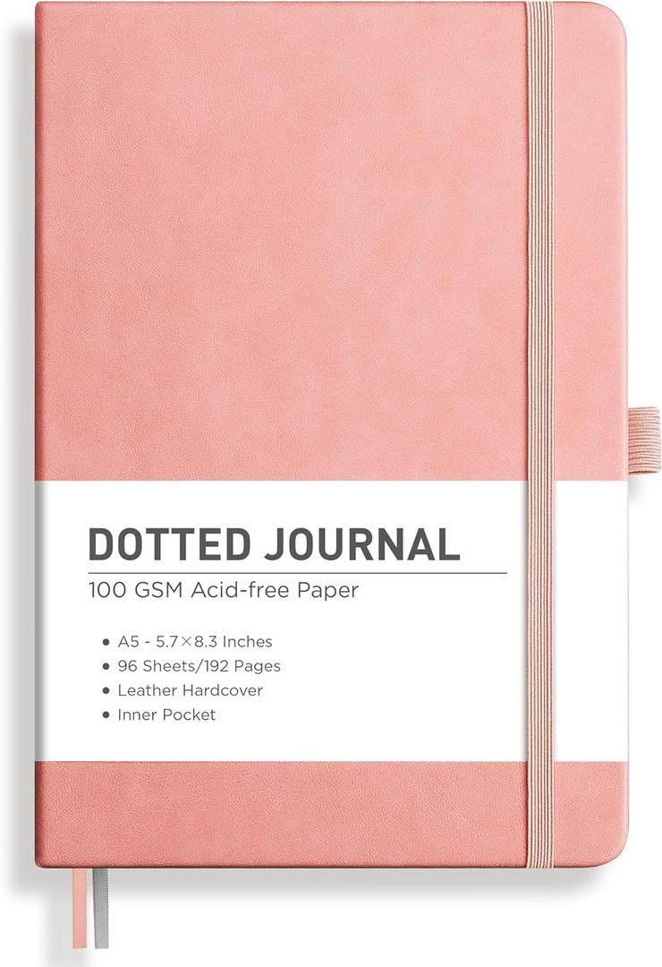 RETTACY Dotted Journal Notebook, 192 Pages, A5 Medium Size (5.7'' x 8.3''), Leather Hardcover, 100 GSM Thick Paper, for Journaling, Planning, Tracking (Pink)