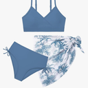 Teen Girls Swimsuit 3 Piece V-Neck Color Block Floral Print Bikini Set with Cover Up Skirt Swimwear Bathing 15-16 Y