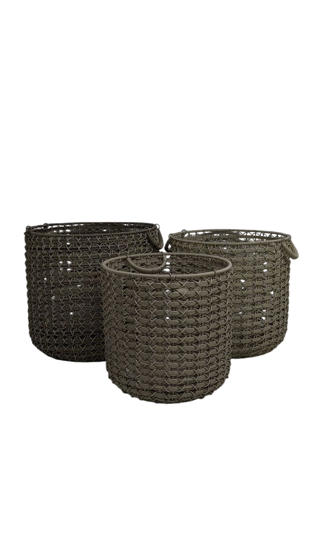 Set of 3 L17.5x16.6 M15x15 S13.5-13.5In Stackable Hand Woven Wicker Storage and Laundry Basket with Handles - Gray and Brown