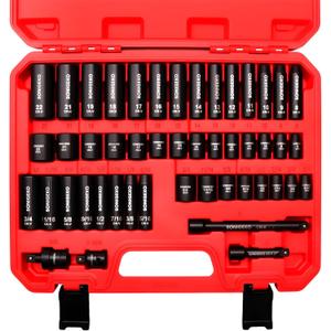 Socket Set 3/8" Drive Impact Socket Set,48-Piece 6 Point Deep,Standard SAE and Metric CR-V Steel Sockets with extension bar (Metric and SAE, 3/8" Socket Set, 48pcs)