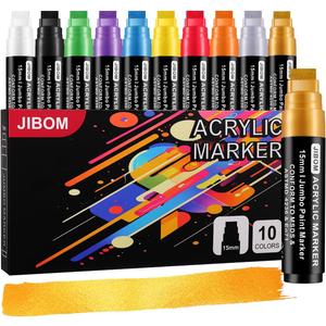 10 Colors Jumbo Acrylic Paint Markers (2 Metallic), 15mm Extra Large Felt Tip Thick Paint Pens for Rock, Wood, Ceramic, Glass, Canvas, Eggs,Pumpkins, Poster Painting Vibrant, Long Lasting Art Supplies