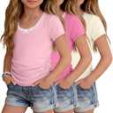 Custoneei 3 Pack Girls Short Sleeve Tees, 3-Color, 11-12 Years
