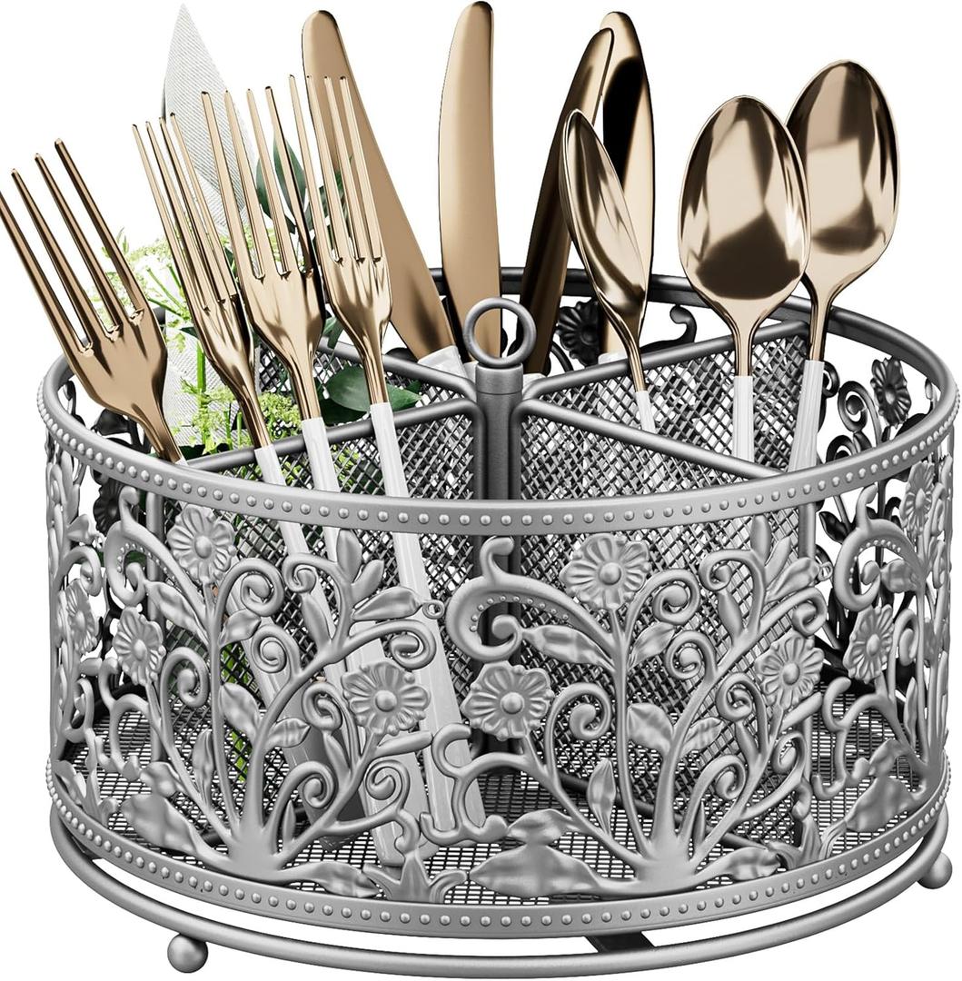 360 Rotating Utensil Caddy - Silverware Cutlery Caddy Holder with 4 Compartment, Metal Flatware Organizer Countertop with Handle for Party Camping Picnic, Kitchen Counter, Office (Silver)
