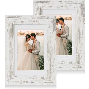 iRahmen 4x6 Picture Frame Set of 2 with HD Glass, Distressed White Wood Photo Frames Display 3.5x5 Picture with Mat or 4 x 6 Without Mat for Horizontal or Vertical Tabletop and Wall Mounting